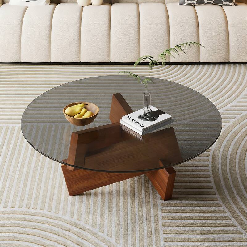 Modern Round Coffee Table for Living Room,Mid Century Center Table with Tempered Glass Top and Wood