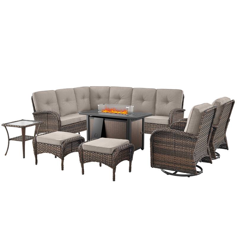 Fire Pit Table with Sectional Sofa Swivel Chairs Ottomans