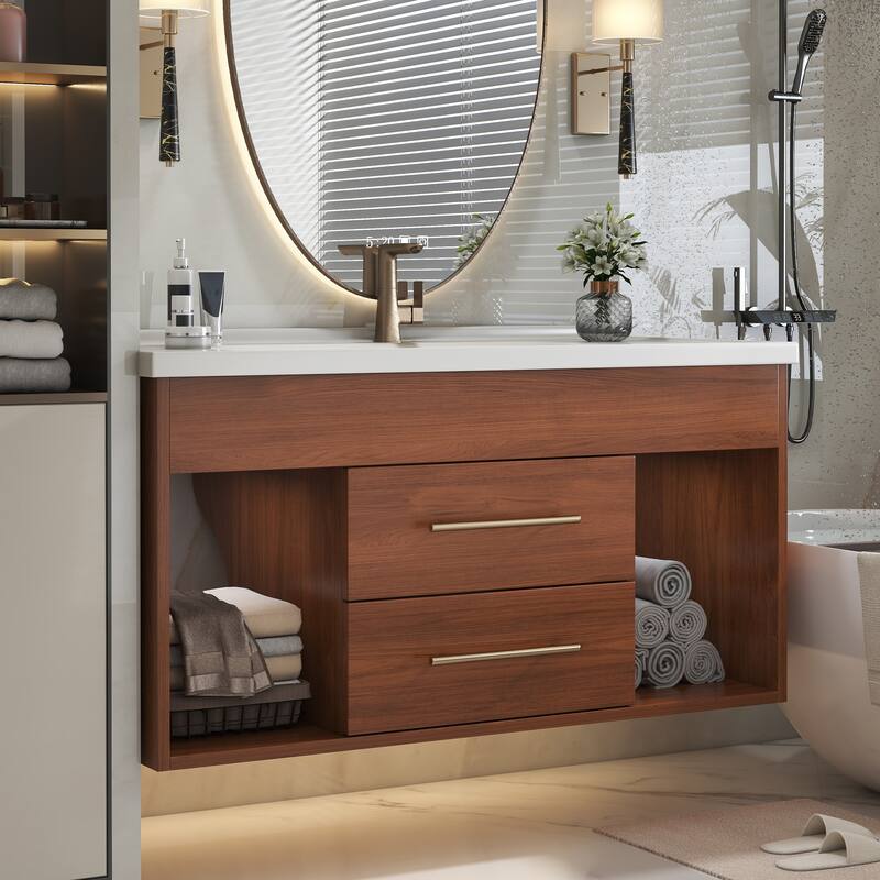 35.4" Mid-century Modern Single Bathroom Vanity with Integrated Ceramic Undermount Sink