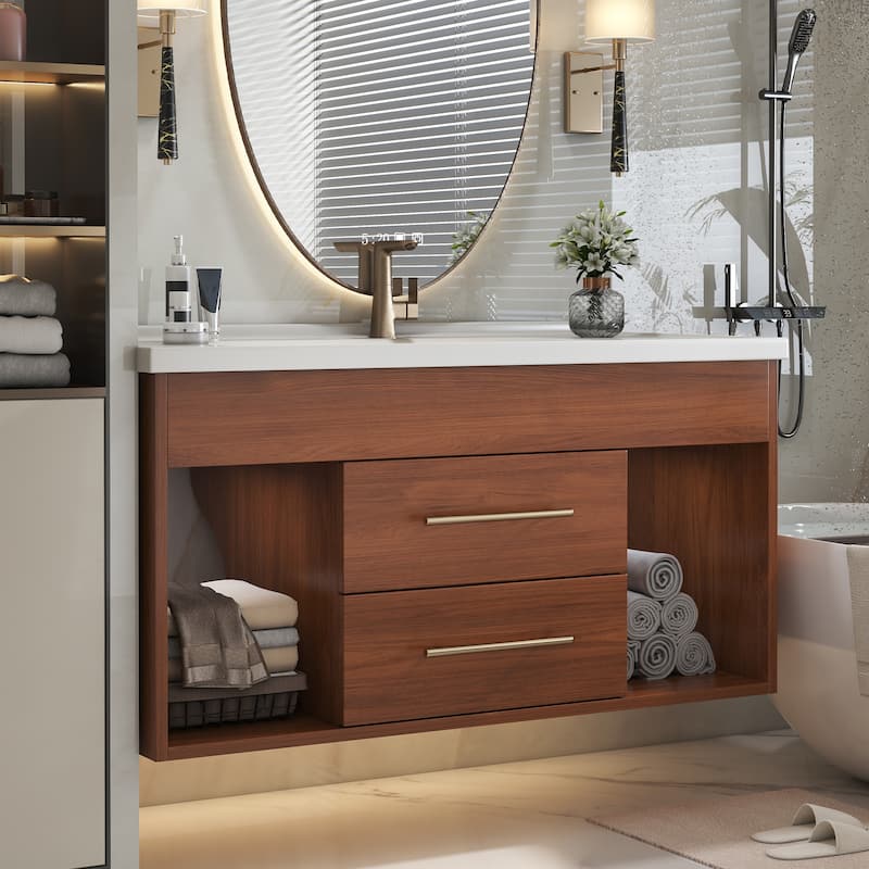 GDFStudio - Luxury 35.4" Floating Sintered Stone Bathroom Vanity with Ceramic Sink & Soft-Close Drawers