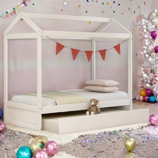 House Kids Bed Frame with Trundle, Customizable Eaves Design, Decorate & Save Space, Fun and Functional for Bedroom, White