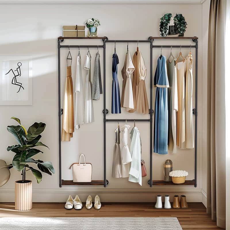 Industrial Pipe Clothes Rack Wall Mounted Clothing Rack Wardrobe Storage Clothes