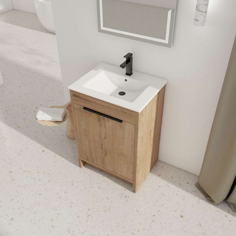 24" Freestanding Bathroom Vanity with White Ceramic Sink ,2 Soft-Close Cabinet Doors