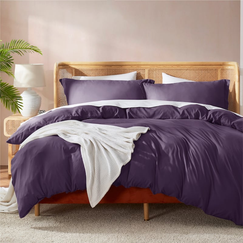 Nestl Ultra Soft Double Brushed Microfiber Duvet Cover Set with Button Closure - Purple Eggplant - Full