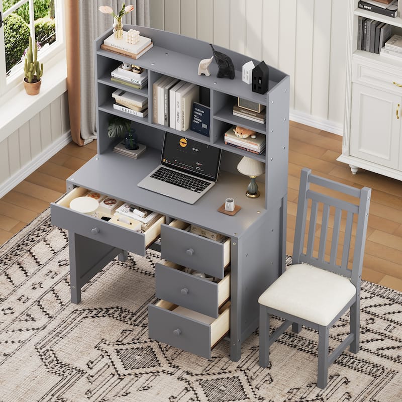 40'' Home Executive Desk and Upholstered Chair Set with Bookshelf, Computer Desk with Four Drawers