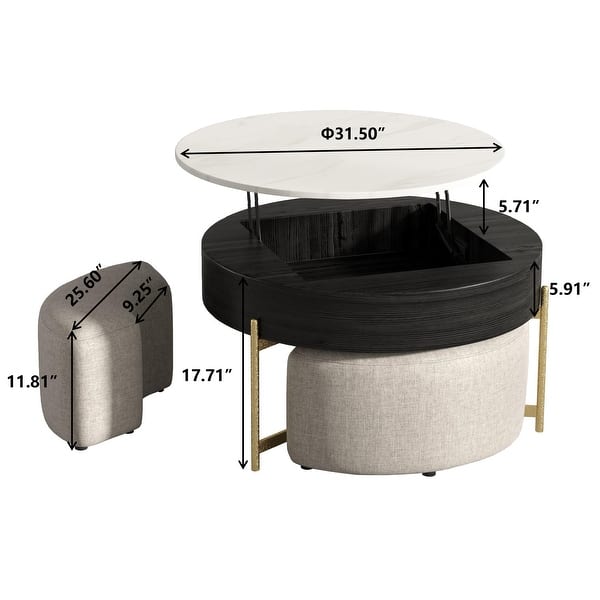dimension image slide 0 of 2, 31.5'' Modern Round Lift-Top Coffee Table Set with Storage & 3 Ottomans