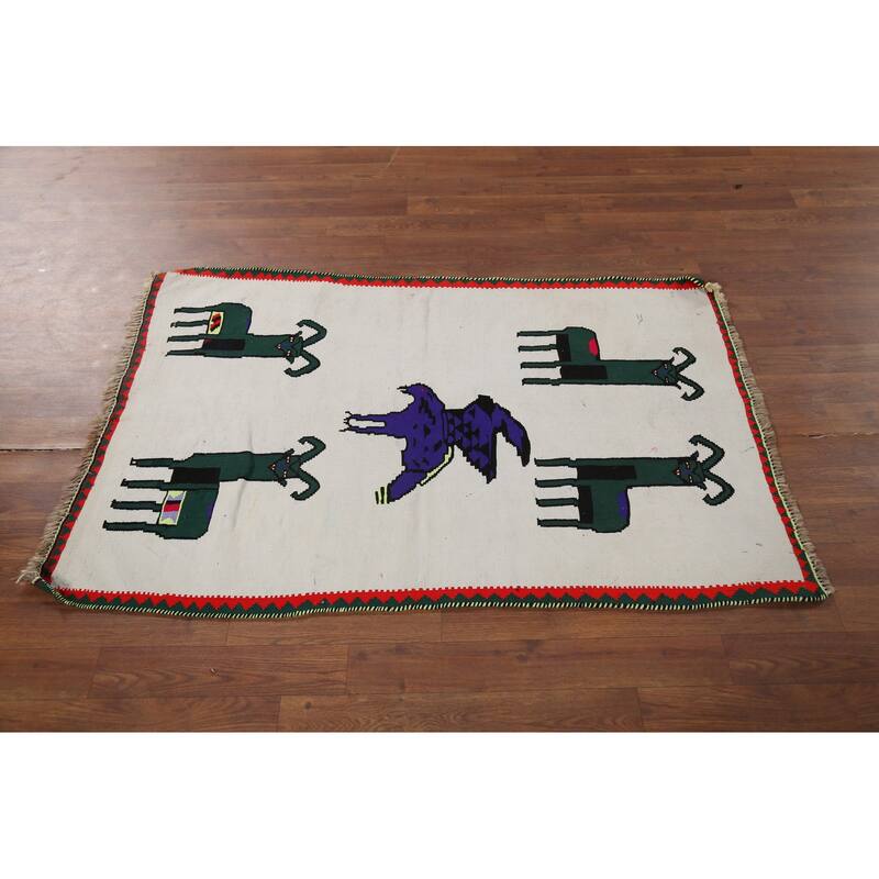 Animals Tribal Kilim Persian Vintage Foyer Rug Hand-Woven Wool Carpet - 2'10"x 4'3"