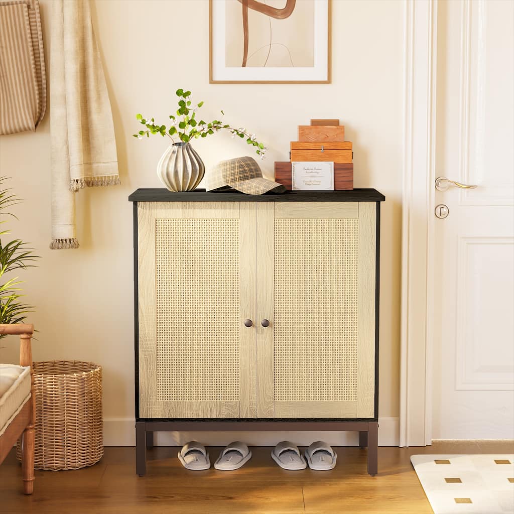 Rattan Accent Buffet Sideboard Storage Cabinet with 2 Doors