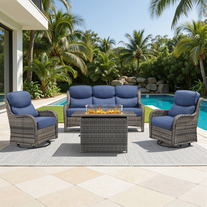 Meyreso 4-Piece Outdoor Patio Wicker Fire Pit Conversation Set with 5-Inch Thick Olefin Cushions