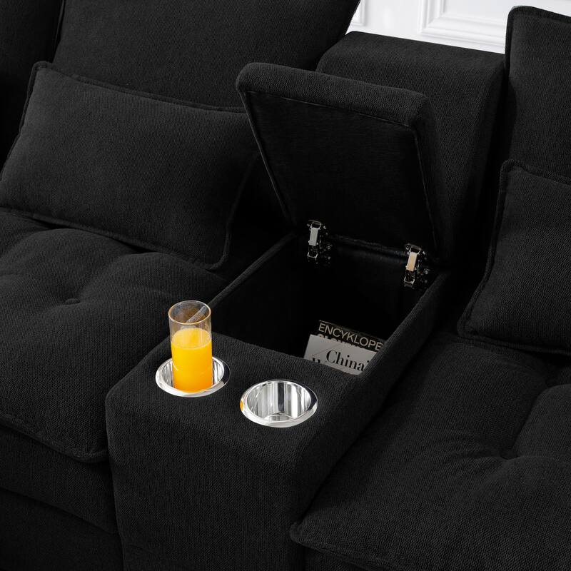 U-shaped Sectional Sofa with Chaise, Built-in Storage Console and Cup Holders, Linen Double-Layer Cushioning Lounge Couch