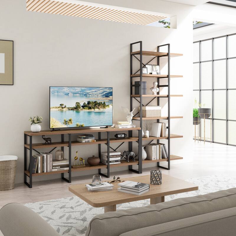 Davee Antique Walnut Color Entertainment Media TV Stand With Display Booksheves - 106.3*14*85 inches - Antique Walnut - 106.3*14*85 inches