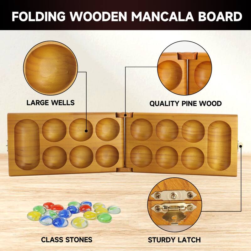 GSE™ Oak Folding Wooden Mancala Board Game with Multi-Color Glass Stones and Storage Bag
