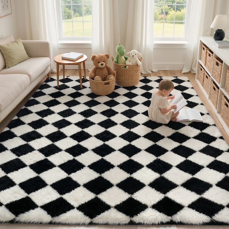 Mcow Diamond Check Collection High-Pile Machine-Washable Area Rug - Black - 5' x 7' - Rectangle