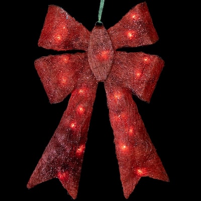 23" Lighted Sparkling Red Sisal Double Bow Christmas Decoration