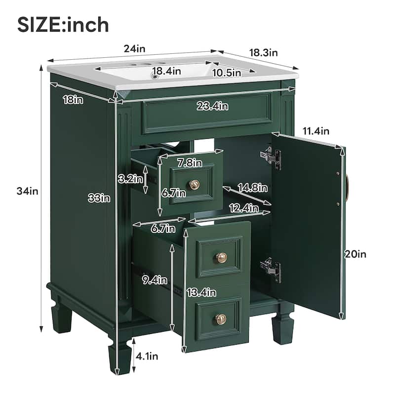 24" Bathroom Vanity with Ceramic Sink, Modern Small Bathroom Cabinet with 2 Drawers & Adjustable Shelf, Space-Saving