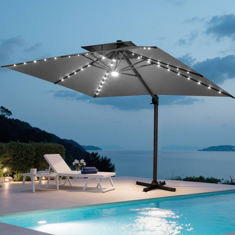Pellebant Outdoor 10x13FT Patio Cantilever Umbrella Dual Top Lar Lighted