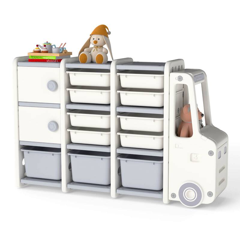 Costway Kids Toy Storage Organizer with 2 Cabinets & 11 Removable Bins - See Details - Off-white + Grey - See Details