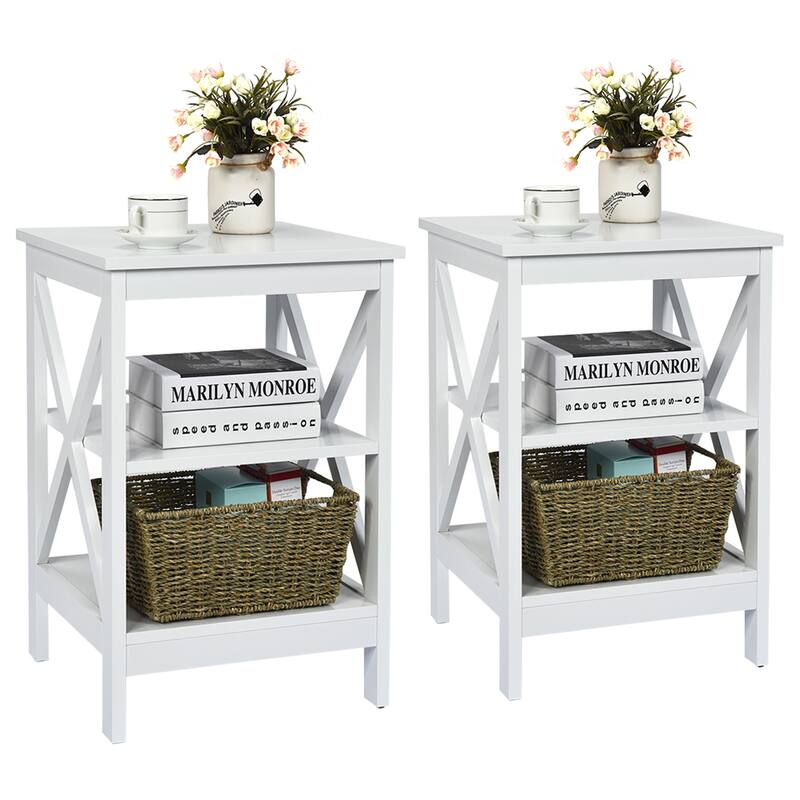 Gymax 2 PCS 3-Tier Nightstand End Table X Design Storage Display Shelf