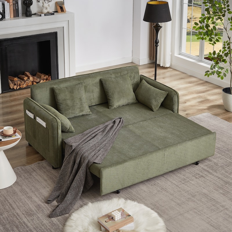 66 Inch Sleeper Sofa Bed with Pullout Bed 4 Pillows and Side Pockets Soft Corduroy Convertible Sleeper Sofa Bed