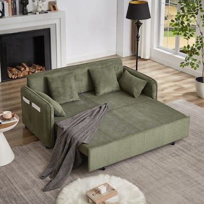 66 Inch Sleeper Sofa Bed with Pullout Bed 4 Pillows and Side Pockets Soft Corduroy Convertible Sleeper Sofa Bed