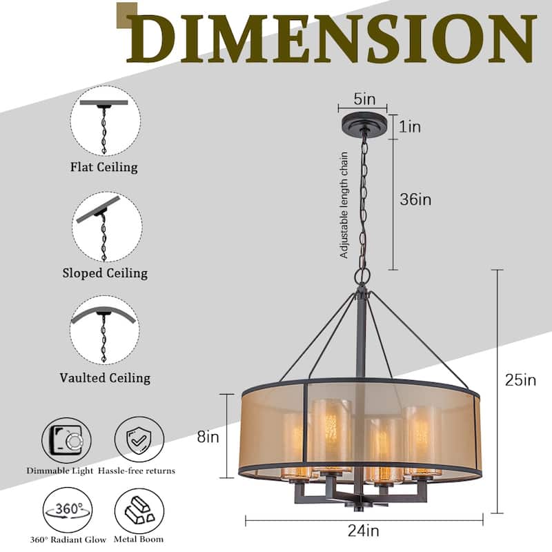 24-Inch 4-Light Oil Rubbed Bronze Modern Farmhouse Chandelier Drum Shade Mercury Glass for Dining Room Living Room - W24''