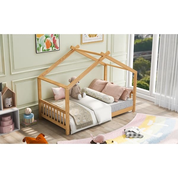 slide 2 of 10, House-shape Bed for Boys Girls Low Toddler Floor Bed with Roof Design Natural - Twin
