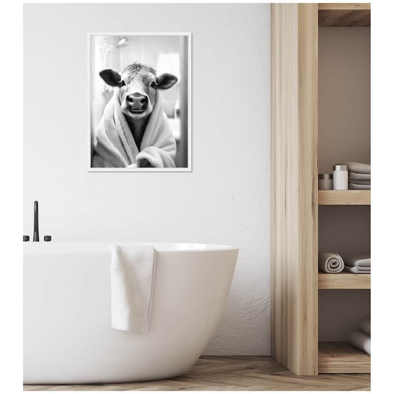 Kate and Laurel Sylvie Cow Bathroom Art Towel Robe Black and White Framed Canvas by The Creative Bunch Studio