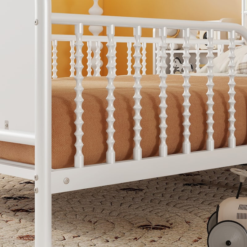 Kids Platform Bed Metal Frame with Linen Fabric Upholstered Storage Headboard Built-in Light Strip, Both Sides Rails