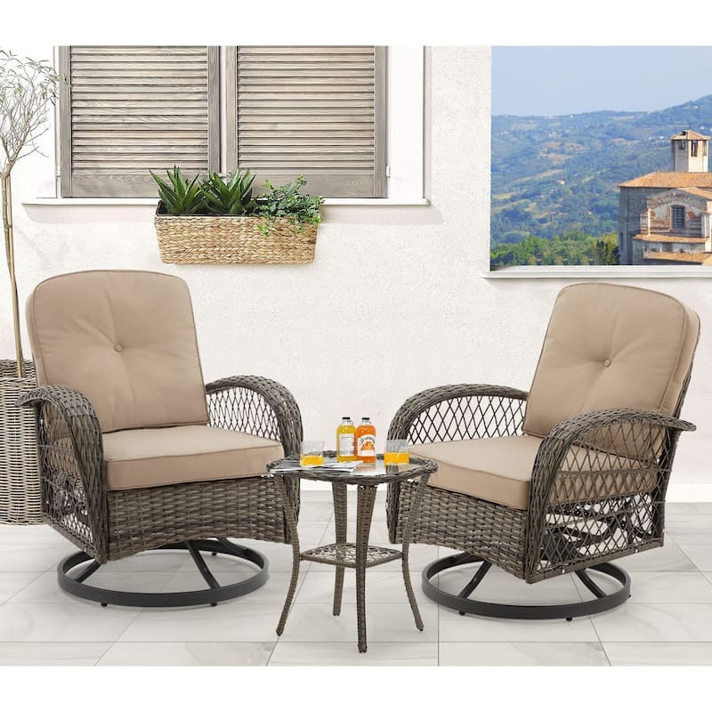 360° Swivel Rocking Patio Chairs Set with Thick Cushions & Tempered Glass Table | Indoor Living Room / Balcony| 3/5-Piece - 3-Piece - Khaki