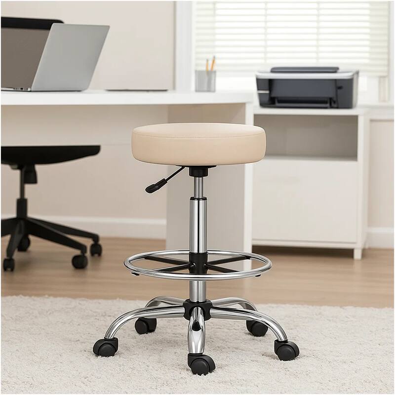 Fea Medical Drafting Stool, Round Beige Vinyl, Chrome Footring