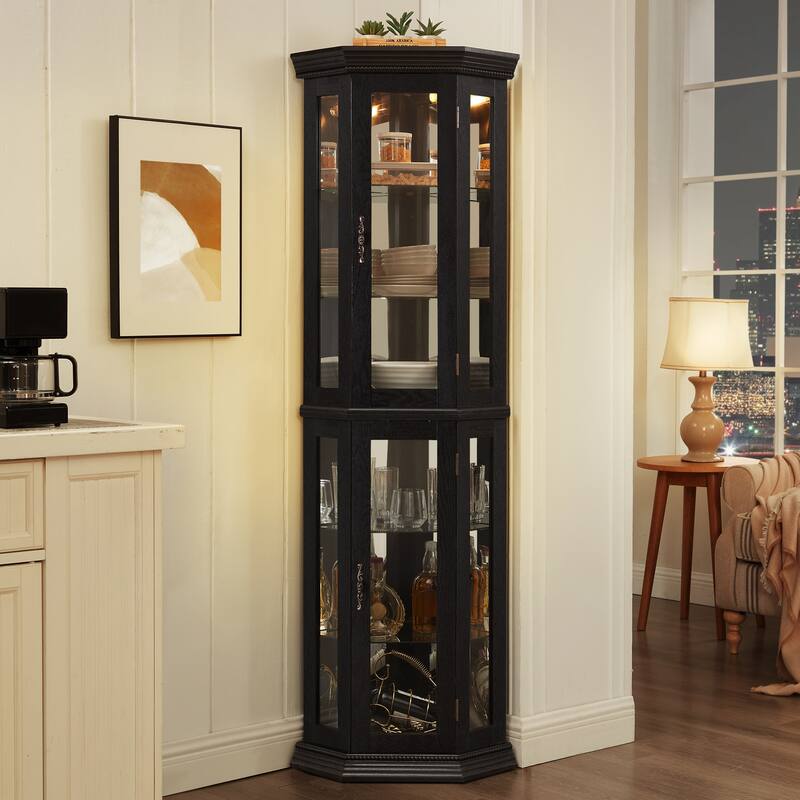 GDFStudio - Traditional Storage Corner Curio Cabinet with Lighted Glass Shelves