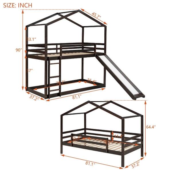 Twin Over Twin Bunk Bed with Roof, Slide and Ladder, Solid Pine Wood House Bed with Full Length Railings, Multiple Installation