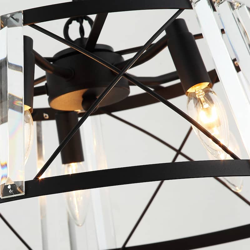 Farmhouse Modern 5-Light Metal Frame Crystal Drum Chandelier for Dining Room - 18-in W