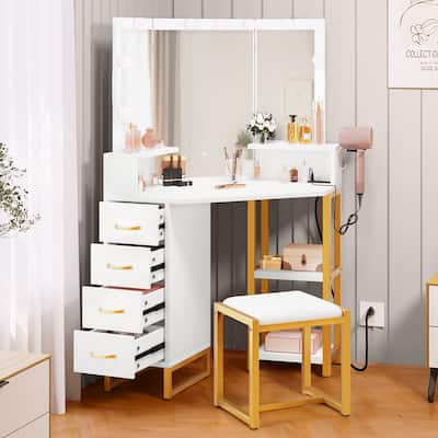 Modern 41.7" Mirror Makeup Vanity Table with Stool and Light bulb - 41.7''L x 15.3''W x 55.3''H