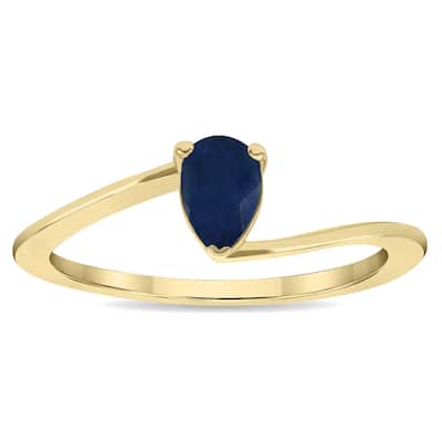 Women's Solitaire Pear Shaped Sapphire Wave Ring in 10K Yellow Gold