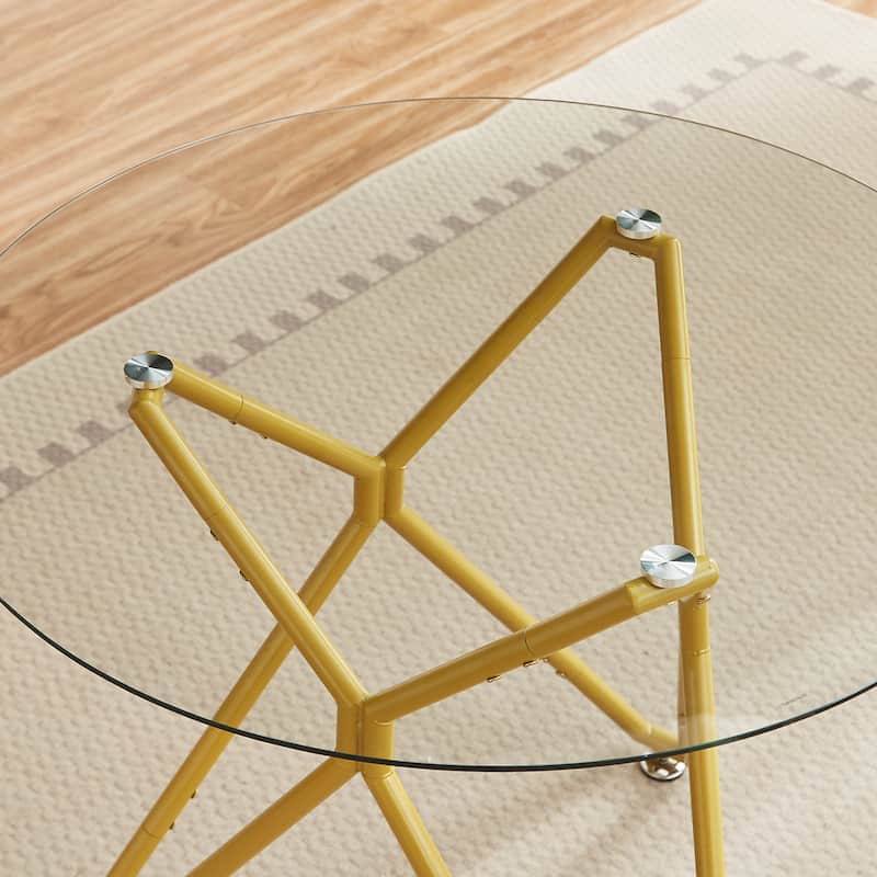 35.4-Inch Round Tempered Glass Dining Table, Suitable For 1-4 People, Space-Saving Small Kitchen Dining Table - Gold