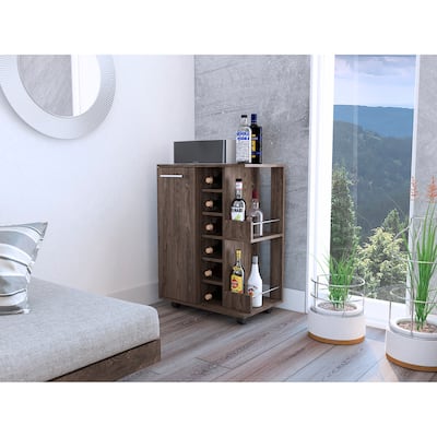 Bar Cart, Two External Shelves, Four Casters, Six Built-in Wine Rack, Single Door Cabinet -Dark Walnut