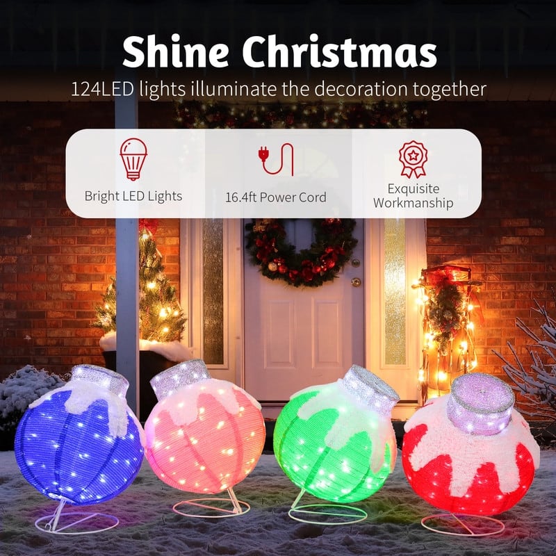 Set of 4 Lighted Ball Ornaments Christmas Decorations - red+green+blue+pink