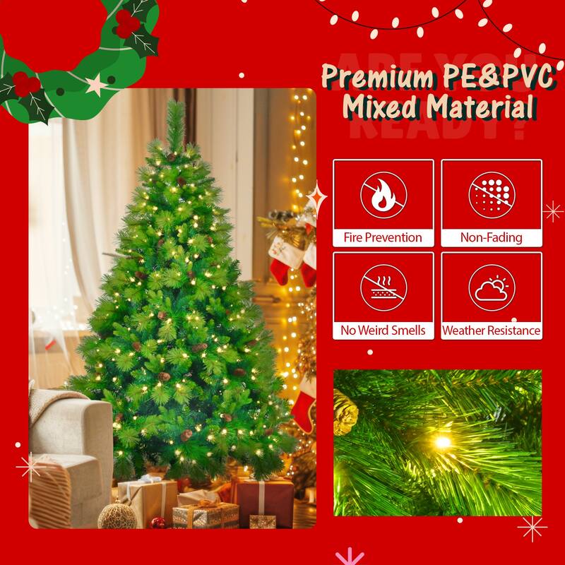 6ft Pre-Lit Green Christmas Tree Set with Garland and Wreath, 430 LED Lights and Pine Cones Holiday Décor
