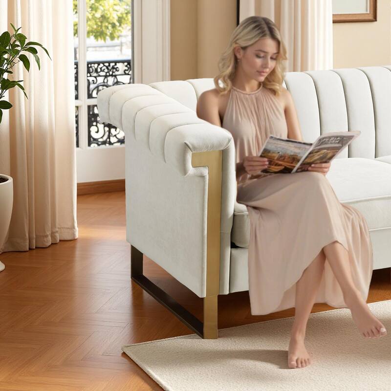 Velvet Sofa Couch for Living Room, Modern Loveseat Couch with Gold Accents, Apartment Chesterfield Sofa