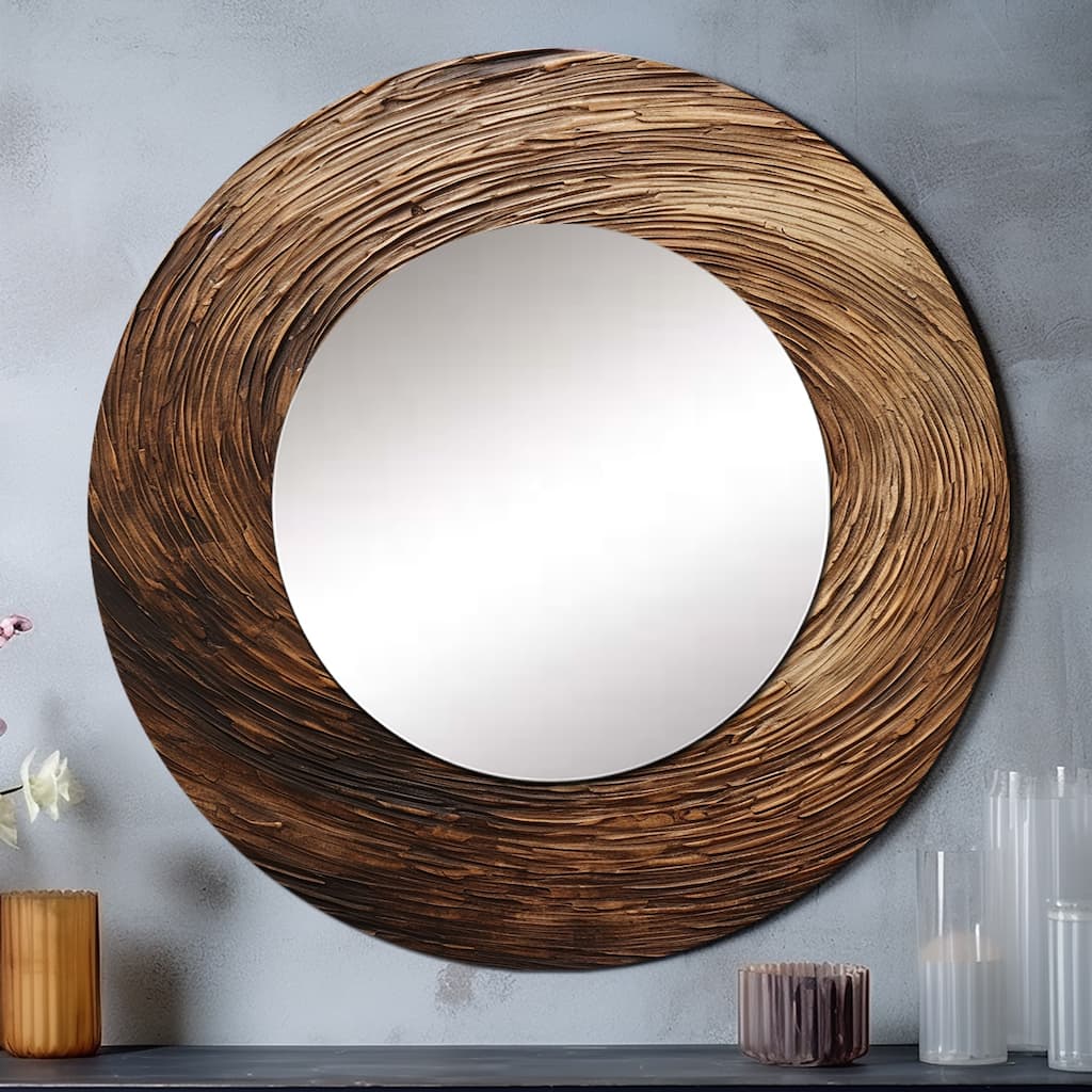 Designart "Brown Calm Current Spiral I" abstract spirals Wall Mounted Round Mirror - Modern Large Mirror Wall Décor