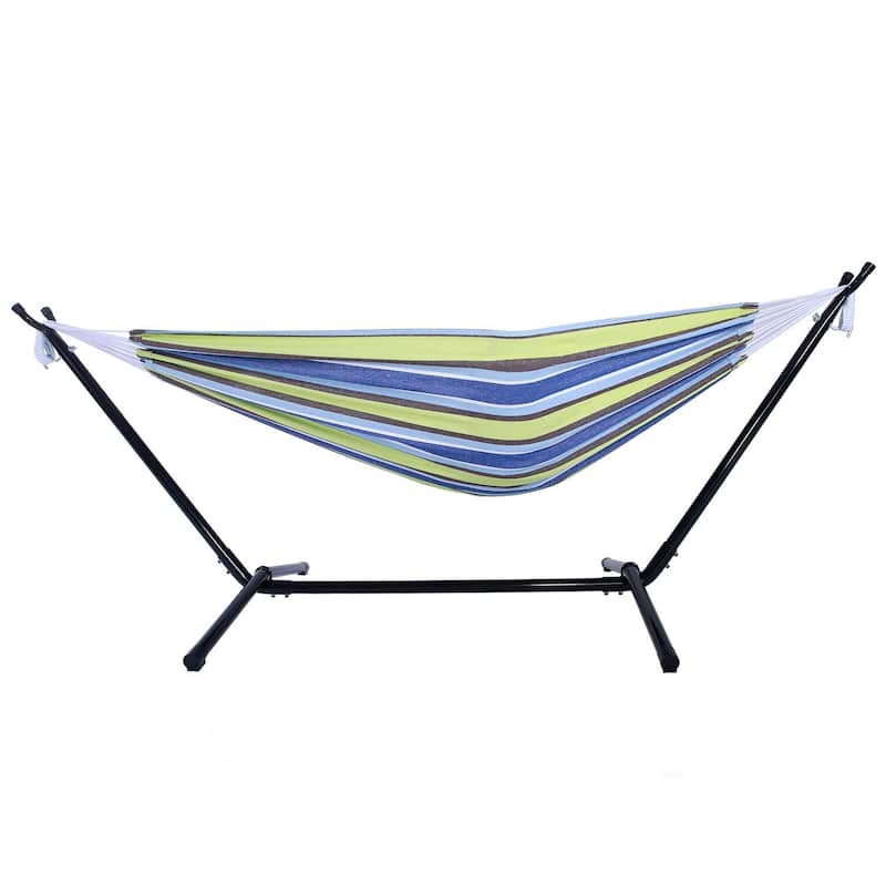 Portable Outdoor Green and Blue Striped Polyester Hammock Set