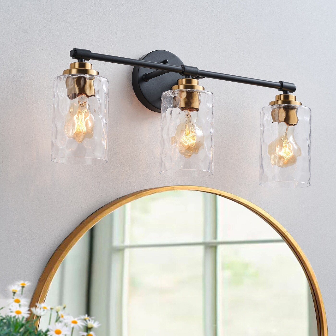 Modern 3 Light Clear Water Ripple Glass Shades Vanity Light Fixture for Bathroom Black Gold