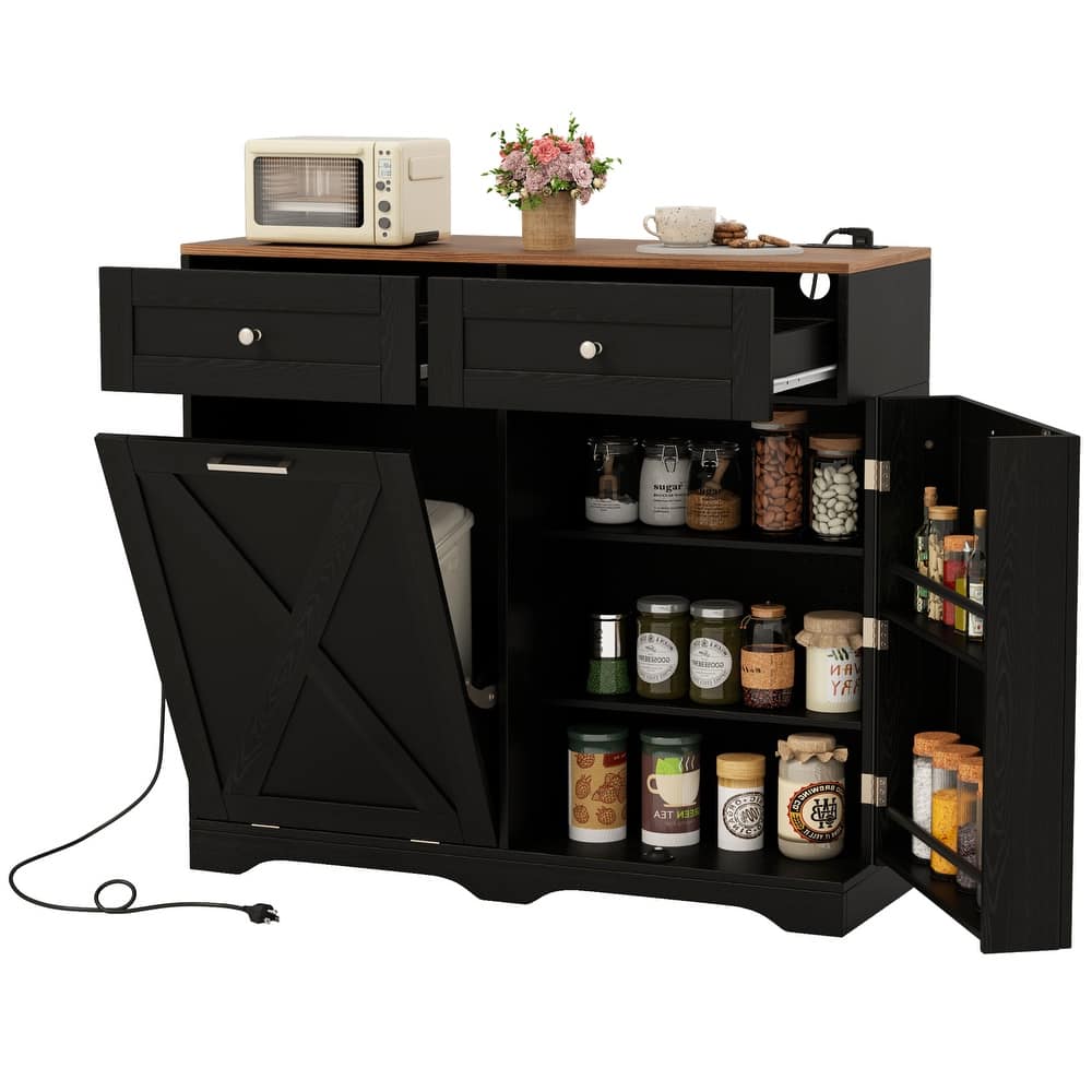 Gymax Tilt Out Trash Can Cabinet w/ Outlets 2 Drawers Adjustable Shelf