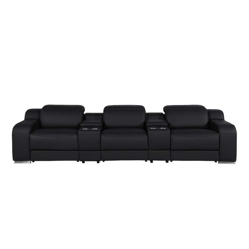 HomeRoots 129" Black Italian Leather Reclining USB Sofa