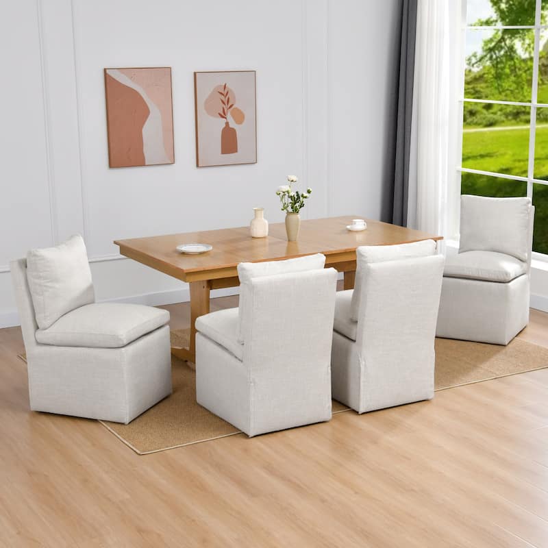 Linen 25" Upholstered Swiveling Rolling Dining Chairs with Casters - Set of 4 - Armless-Cream