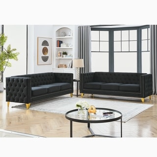 Black Classic Velvet Chesterfield Sofa Set with Nailhead Trim and ...