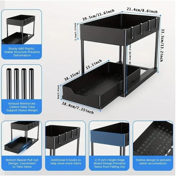 2 Tier Under Sink Organizer Slide Out Kitchen Cabinet Organizer