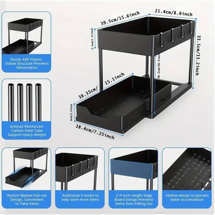 Anmytek 2 Tier Rustproof Under Sink Organizer Extendable Pull Out Storage Shelf for Kitchen Bathroom Cabinet