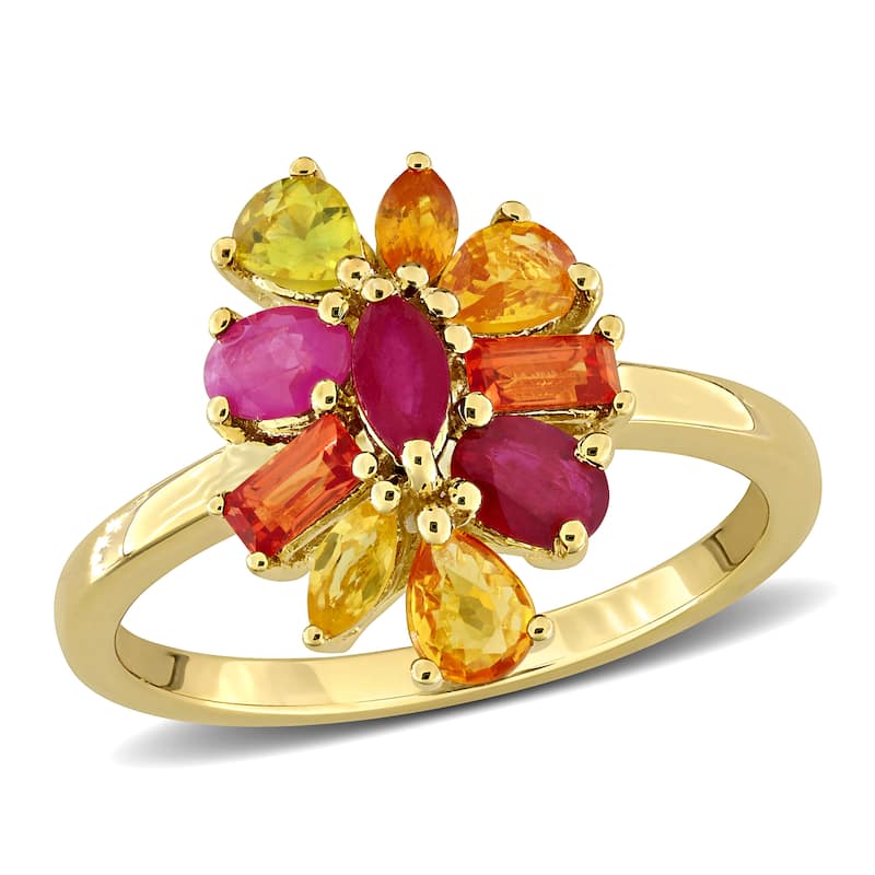 Miadora Multi-Shape Gemstone Floral Ring Sterling Silver - 7 - Yellow